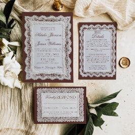 Invitación Boda Antigua de Encaje de Chocolate Marrón Elegant