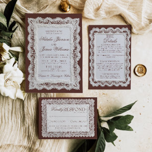 Invitación Boda Antigua de Encaje de Chocolate Marrón Elegant