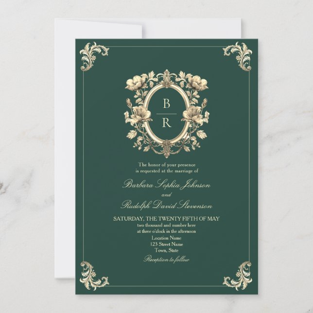 Invitación Boda Antigua Esmeralda Verde (Anverso)