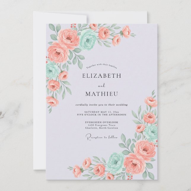 Invitación Boda Antigua Rosa Coral Menta (Anverso)