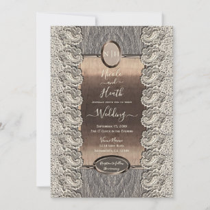 Invitación Boda Antiguo Crema Encaje Gris Madera y Cobre