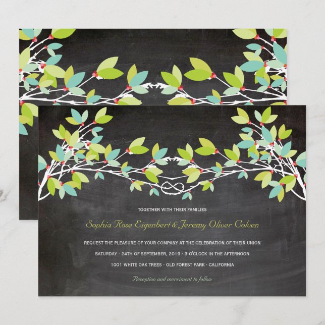 Invitación Boda anudada verde de la pizarra del árbol de amor (Anverso / Reverso)