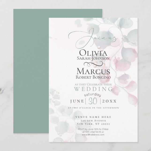 Invitación Boda | Apenas Hay Eucalipto De Acuarela (Anverso / Reverso)