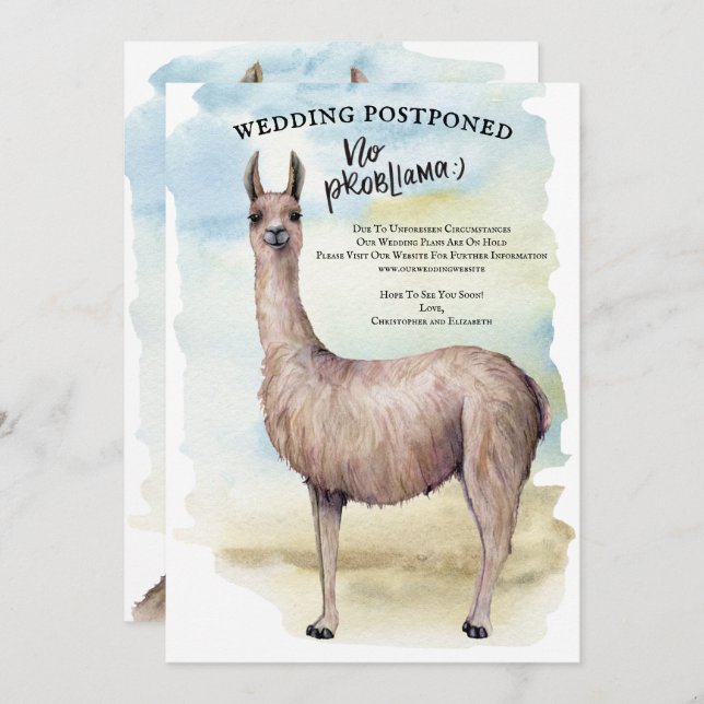 Invitación Boda Aplazada Acuarela Llama Divertida (Anverso / Reverso)