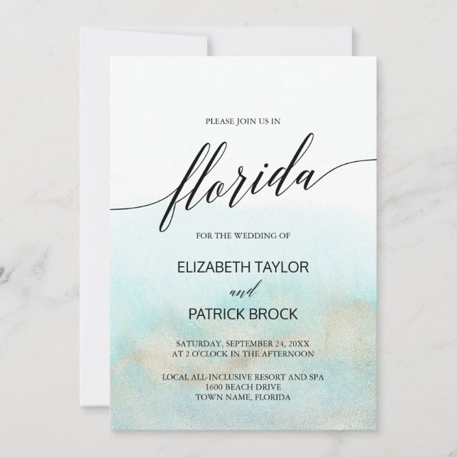 Invitación Boda Aqua and Gold Watercolor Beach Florida (Anverso)