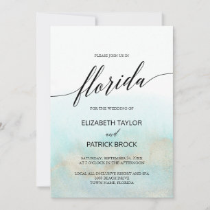 Invitación Boda Aqua and Gold Watercolor Beach Florida
