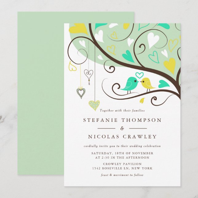 Invitación Boda Aqua and Yellow Whimsical Lovebirds (Anverso / Reverso)