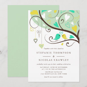Invitación Boda Aqua and Yellow Whimsical Lovebirds
