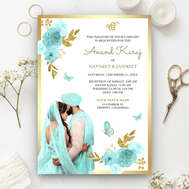 Invitación Boda Aqua Blue Floral Punjabi Anand Karaj Sikh (Subido por el creador)