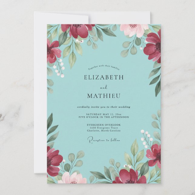 Invitación Boda Aqua Burgundy Amapola (Anverso)