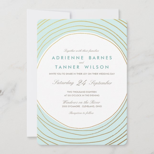 Invitación Boda Aqua de los Anillos de Oro Modernos (Anverso)