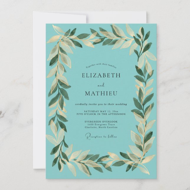 Invitación Boda Aqua Gold Leaf (Anverso)