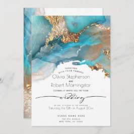 Invitación BODA | Aqua moderna y tinta de mármol dorada