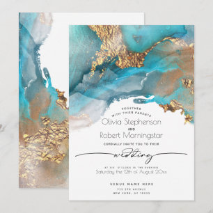 Invitación BODA   Aqua moderna y tinta de mármol dorada