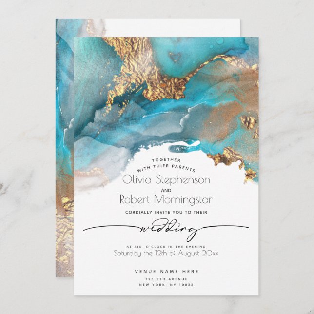 Invitación BODA | Aqua moderna y tinta de mármol dorada (Anverso / Reverso)