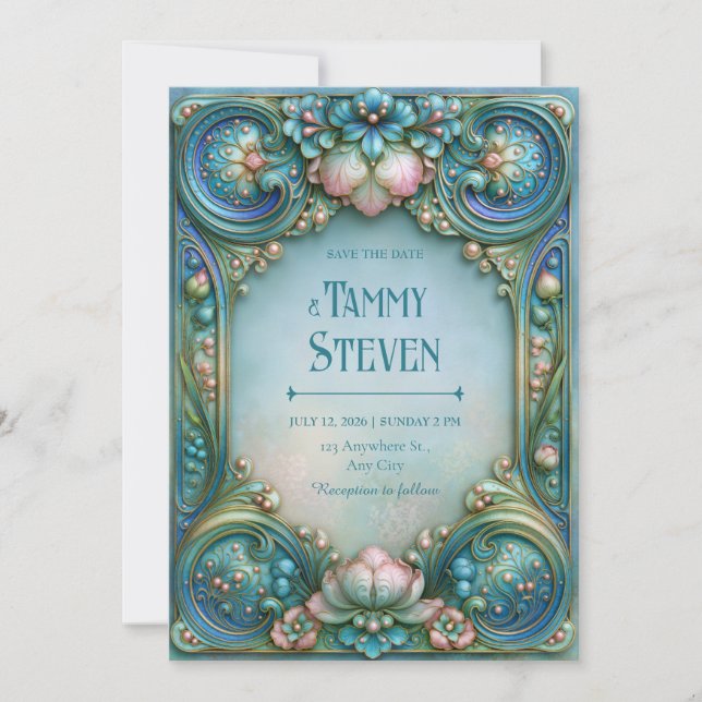 Invitación Boda Aqua Pearl Lotus (Anverso)
