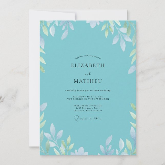 Invitación Boda Aqua Silver Leaf (Anverso)