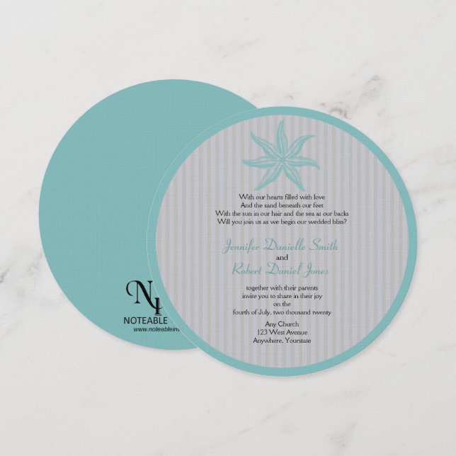 Invitación Boda Aqua Starfish Beach Stripe (Anverso / Reverso)