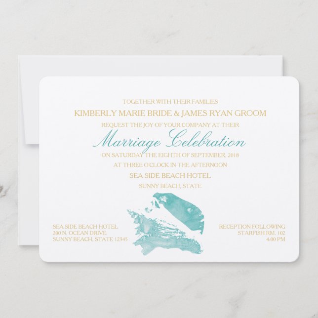 Invitación Boda Aqua y Gold Seashell Beach (Anverso)