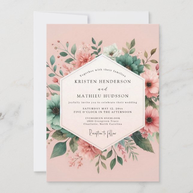 Invitación Boda Aquarela con Rubor Teal (Anverso)