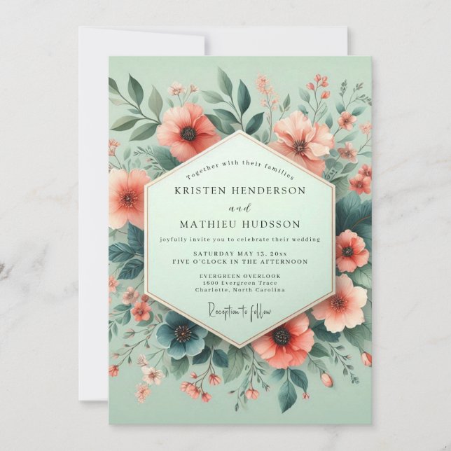 Invitación Boda Aquarela Coral Mint (Anverso)