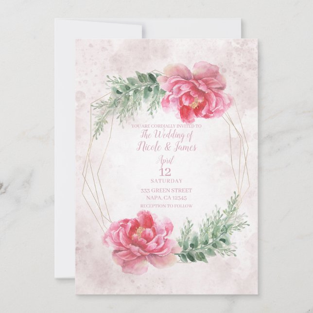Invitación Boda Aquarela Flora Verde Rosa Rubor (Anverso)