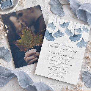 Invitación Boda Aquarela Rústica Ginkgo Azul Polvoriento