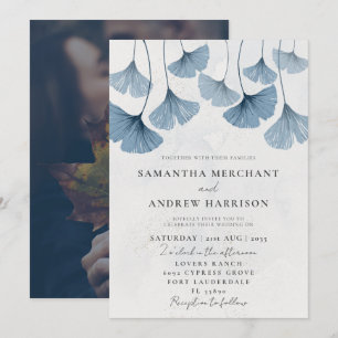 Invitación Boda Aquarela Rústica Ginkgo Azul Polvoriento