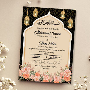 Invitación Boda árabe musulmana floral Black Gold Peach