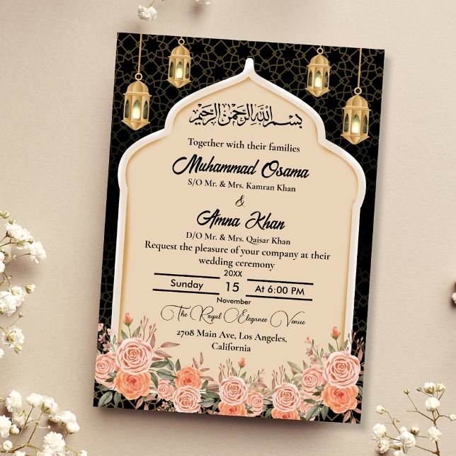 Invitación Boda árabe musulmana floral Black Gold Peach (Subido por el creador)