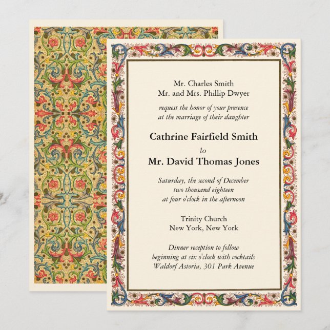 Invitación Boda arábigo floral floral marfil de lujo (Anverso / Reverso)