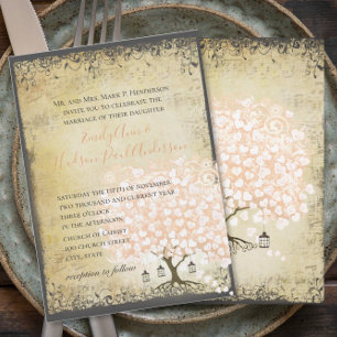 Invitación Boda Árbol Hoja Corazón Coral Medieval Renacimient