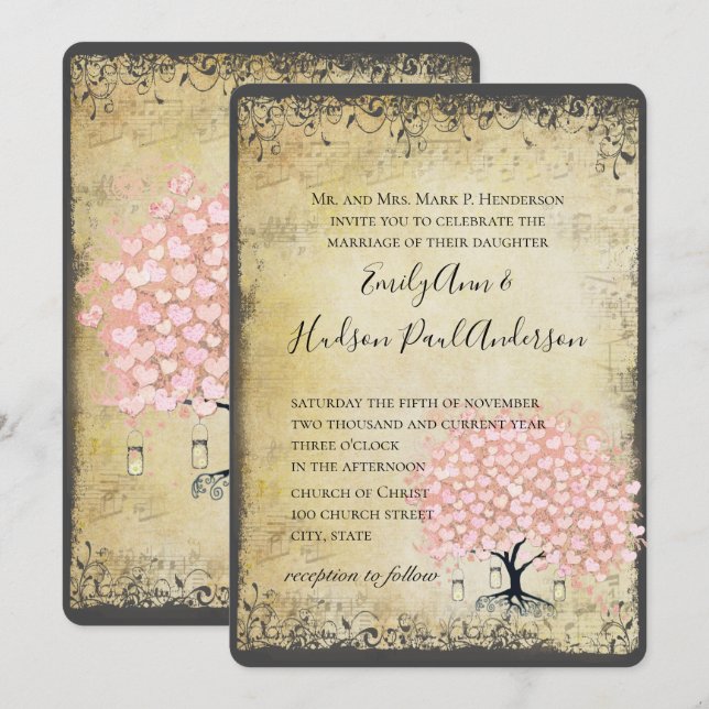 Invitación Boda Árbol Hoja Corazón Rosa Renacimiento Medieval (Anverso / Reverso)