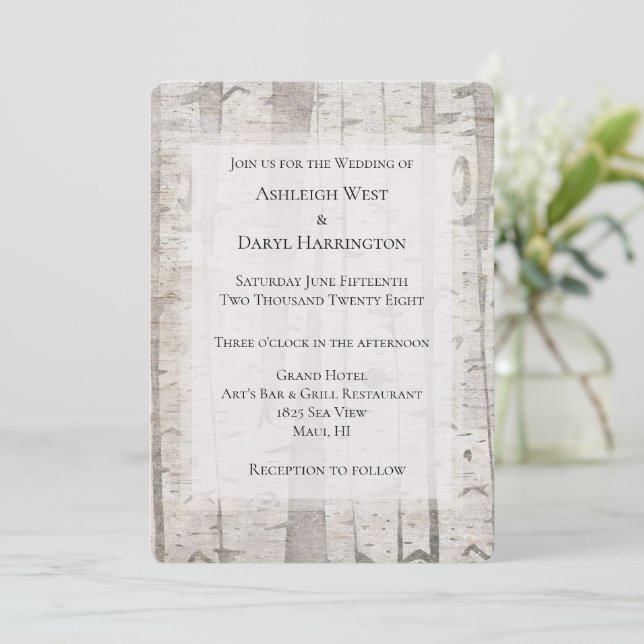 Invitación Boda árboles de abedul crema blanca rústica (Anverso de pie)