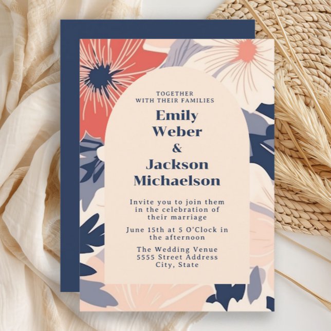 Invitación Boda Arco Coral Crema Marina Moderna  (Navy and coral retro-style flowers wedding invitation)