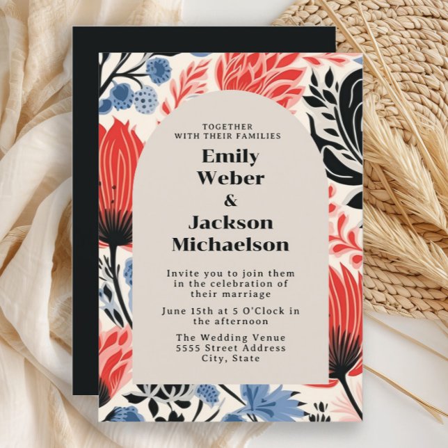 Invitación Boda Arco Crema Rojo Marina Moderno  (Red, black, and blue retro-style flowers wedding invitation)
