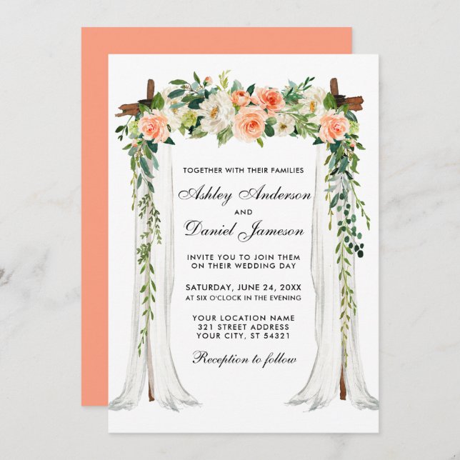 Invitación Boda Arco de Canopy Acuarela Coral Floral (Anverso / Reverso)