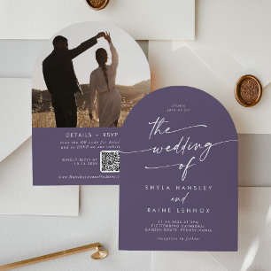 Invitación Boda Arco de Código QR de Foto Morado Boho