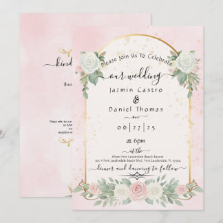 Invitación Boda Arco Dorado Floral Acuarela Rosa Sonrojo