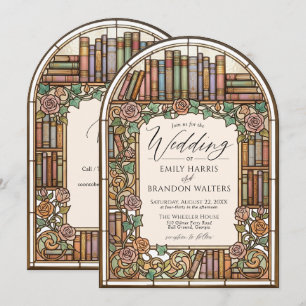 Invitación Boda Arco Floral de Libros Antiguos de Vidrio Empl