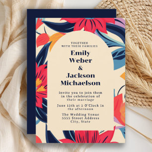 Invitación Boda Arco Floral Rojo Azul Intenso