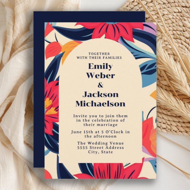 Invitación Boda Arco Floral Rojo Azul Intenso  (Navy blue and red retro -style flowers wedding invitation)