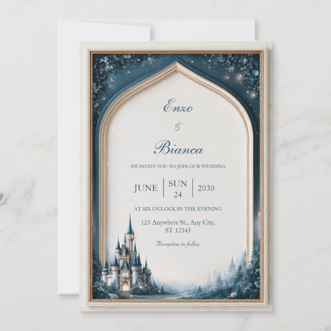 Invitación Boda Arco Gótico Castillo Turquesa Medianoche (Anverso)
