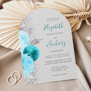 Invitación Boda Arco Gris Plateado Turquesa Floral