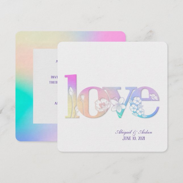 Invitación boda arco iris texto de amor floral sobre blanco (Anverso / Reverso)