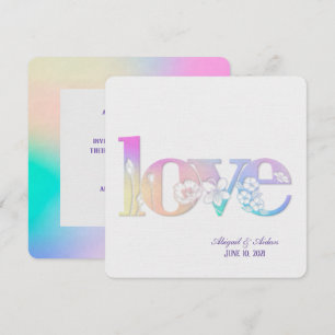 Invitación boda arco iris texto de amor floral sobre blanco