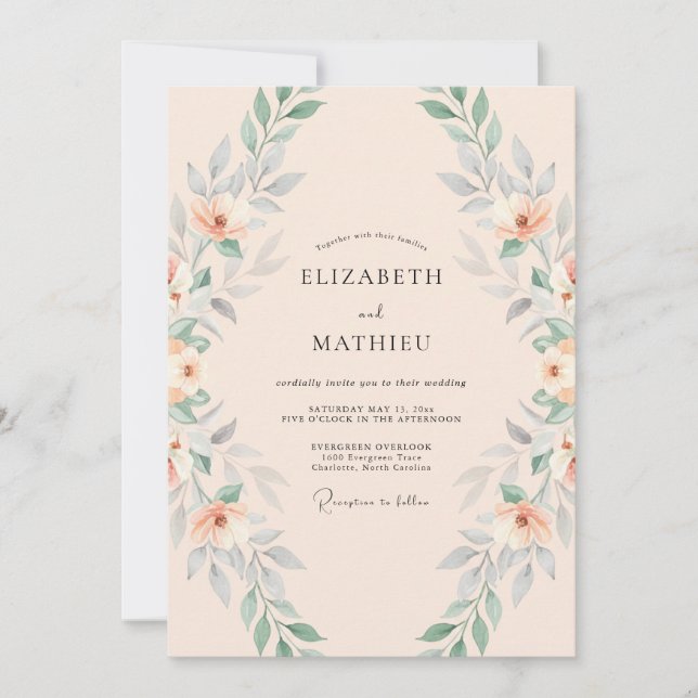 Invitación Boda Arco Verde Flor de Melocotón (Anverso)