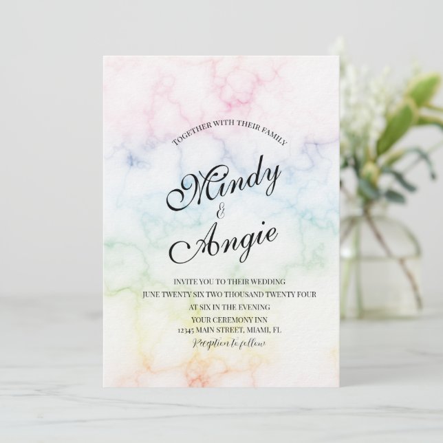 Invitación Boda arcoíris de mármol guion gay (Anverso de pie)