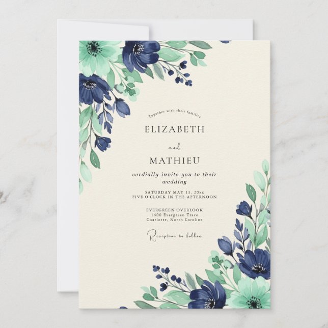 Invitación Boda armónica de primavera en azul turquesa (Anverso)