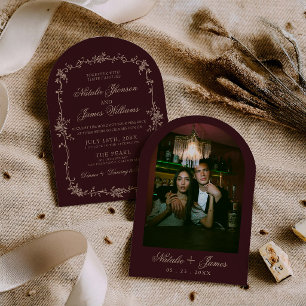 Invitación Boda Arqueada de Dinero Antiguo de Flor Beige de B